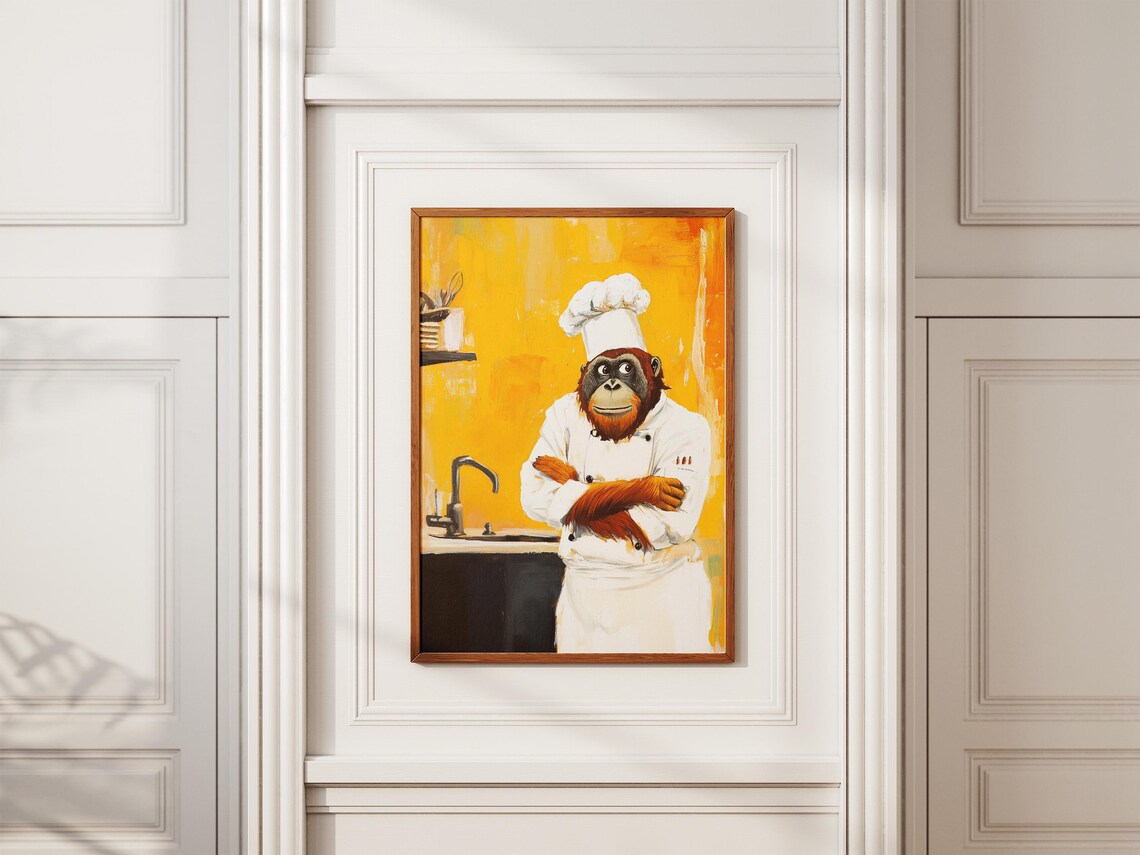 Orangutan Chef With Crossed Arms In Bright Yellow Kitchen Poster - Image 2