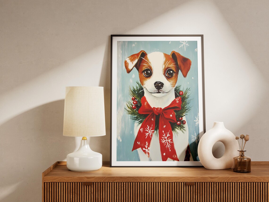 Cute Puppy with Christmas Wreath Holiday Poster with Red Bow - Image 5