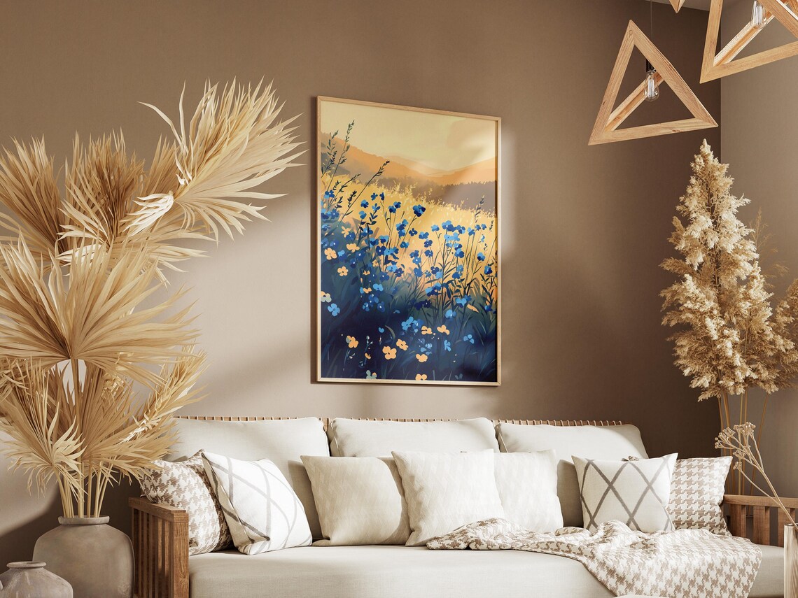 Blue Forget Me Not Golden Meadow Sunlit Flower Field Scenic Poster - Image 3