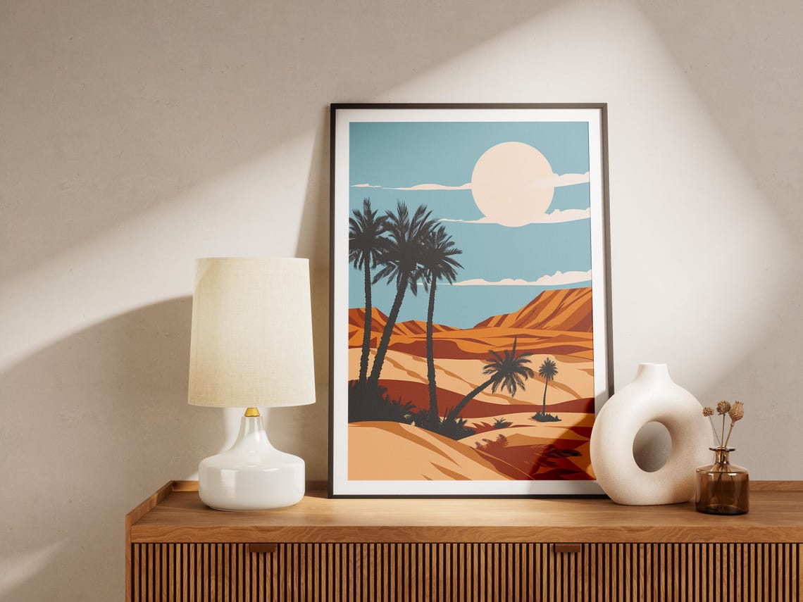 Desert Oasis Palm Trees Orange Dunes Pale Sun Travel Art Poster - Image 2