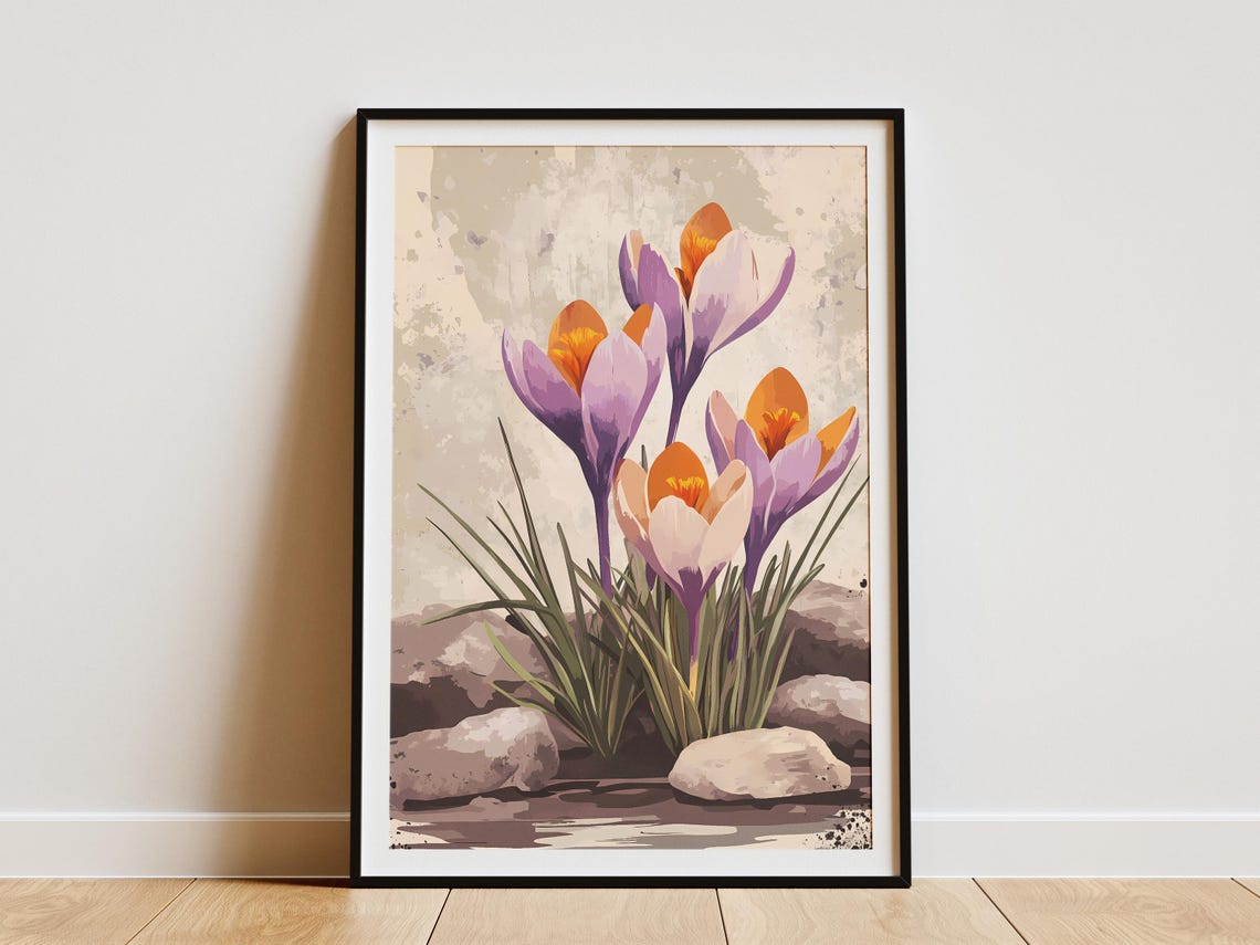 Purple and Orange Crocuses Blooming Among Garden Rocks Poster
