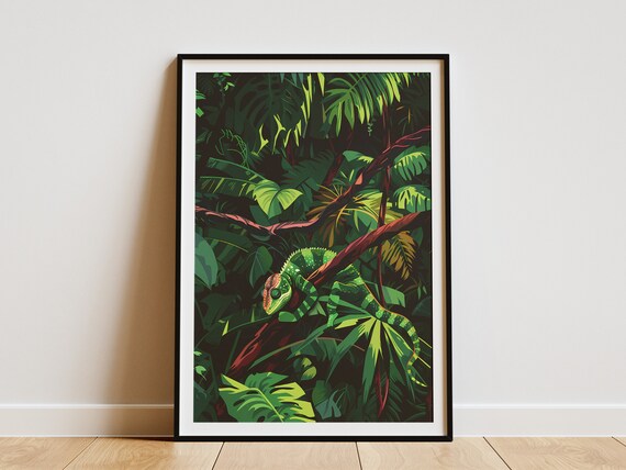 Jungle Chameleon Poster Tropical Rainforest Animal Art Print Green Nature Wall Decor Home Decor Living Room Art