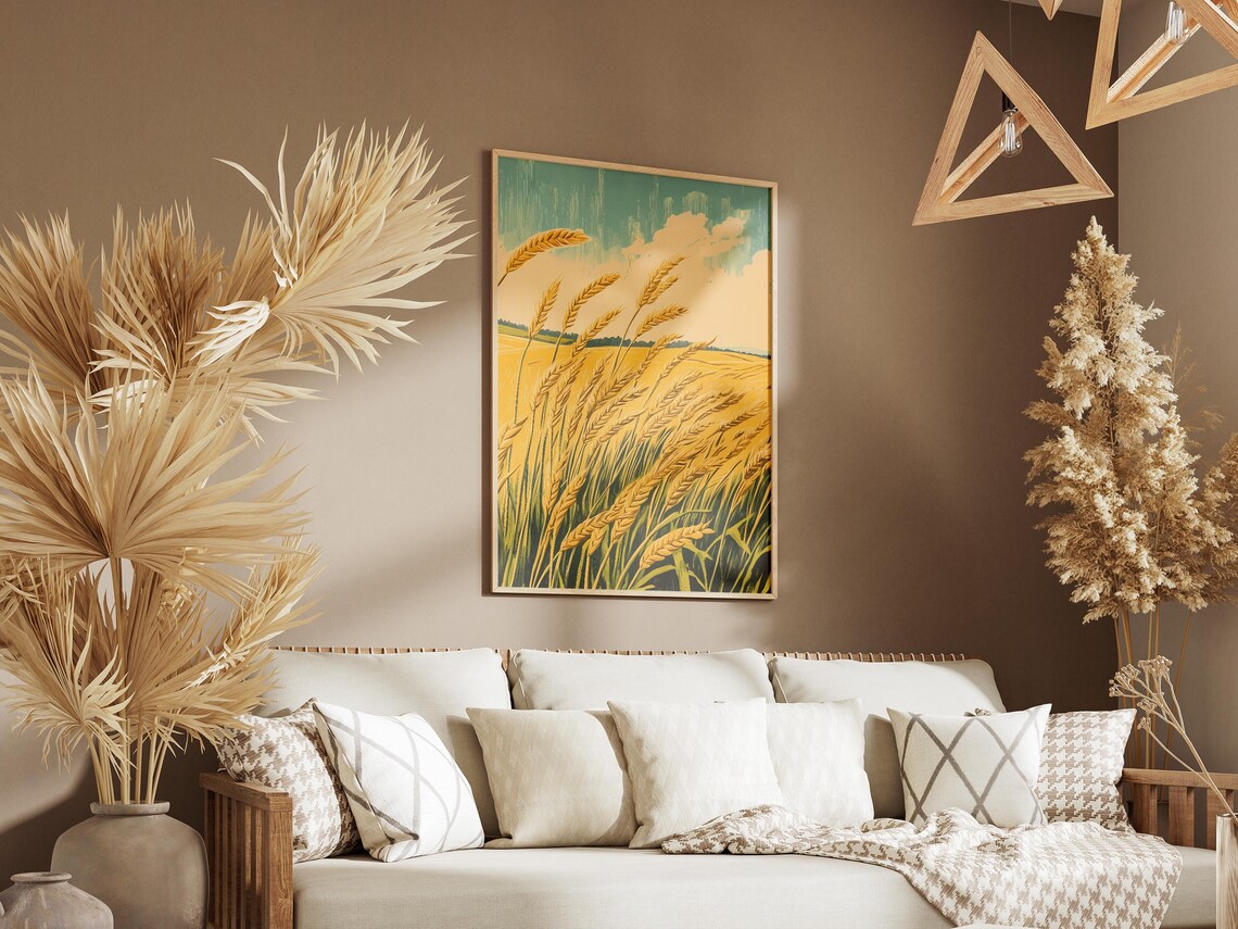 Golden Wheat Stalks Swaying Field Teal Sky Vintage Art Poster - Image 3