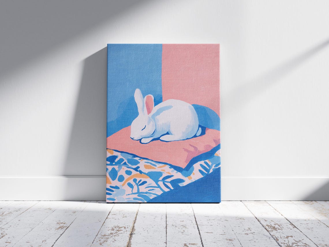 Charming Matisse Style Sleeping Rabbit Gouache Painting Art Print Whimsical Animal Wall Decor Peaceful Nursery Bedroom Poster - Image 2