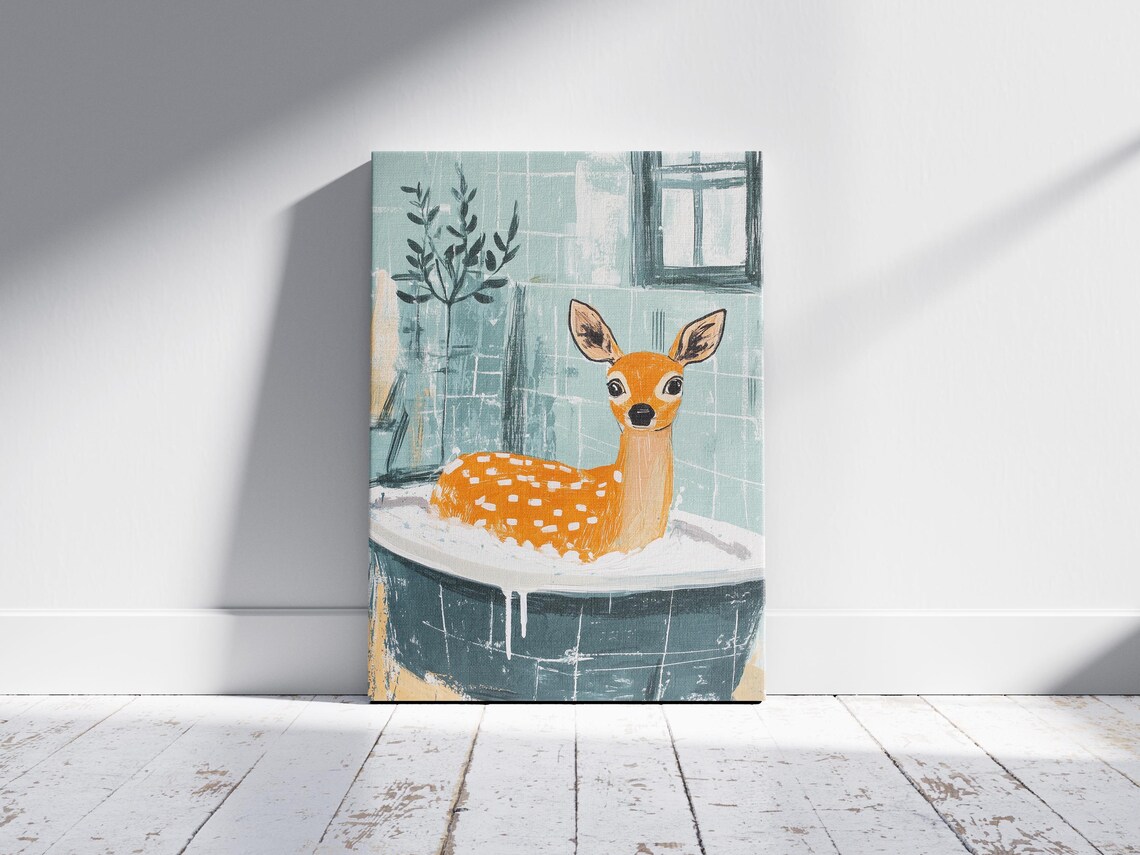 Cute Deer Fawn Bathtub Bubbles Whimsical Modern Bathroom Animal Poster - Image 2