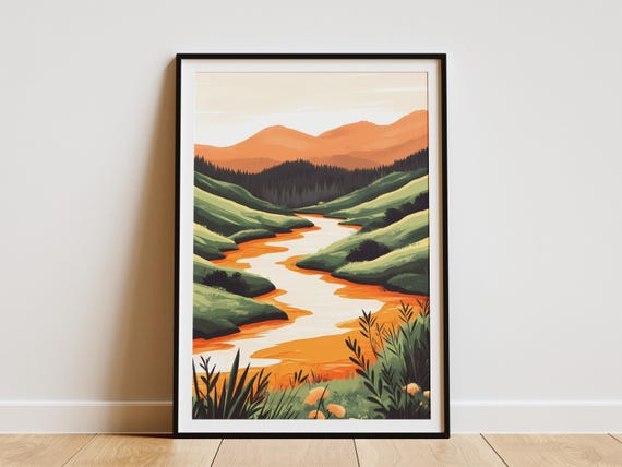 Orange River Valley Landscape Poster Modern Art Print Nature Wall Art Abstract Mountain Scene Home Decor Orange And Green Decor Illustrated