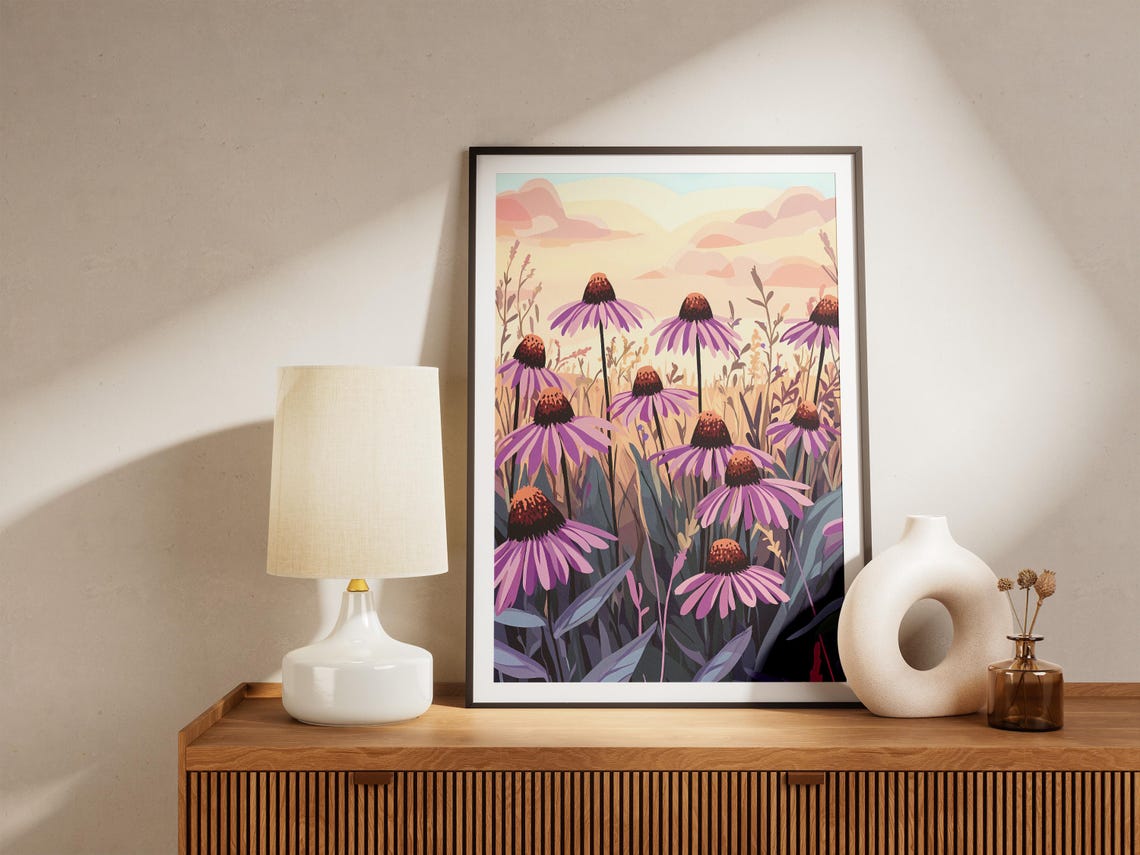 Purple Coneflower Echinacea Sunset Prairie Botanical Art Poster - Image 5