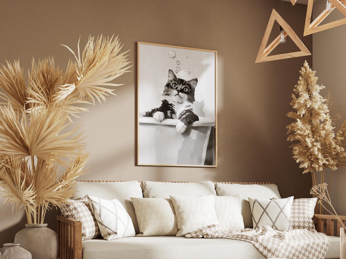 Cute Tabby Cat Playful Bubble Bath Minimalist Kitten Fun Poster - Image 3