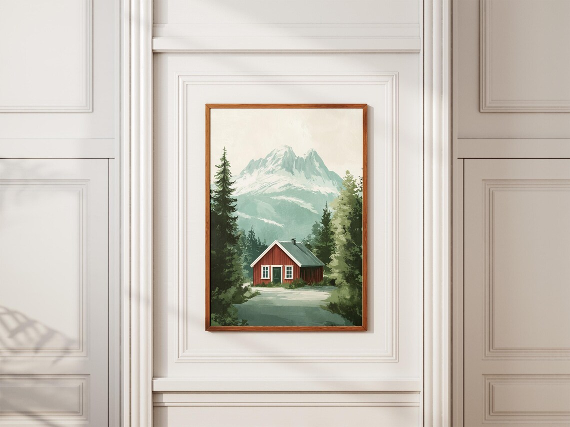 Norway Red Cabin Snowy Mountain Lake Scandinavian Travel Poster - Image 2