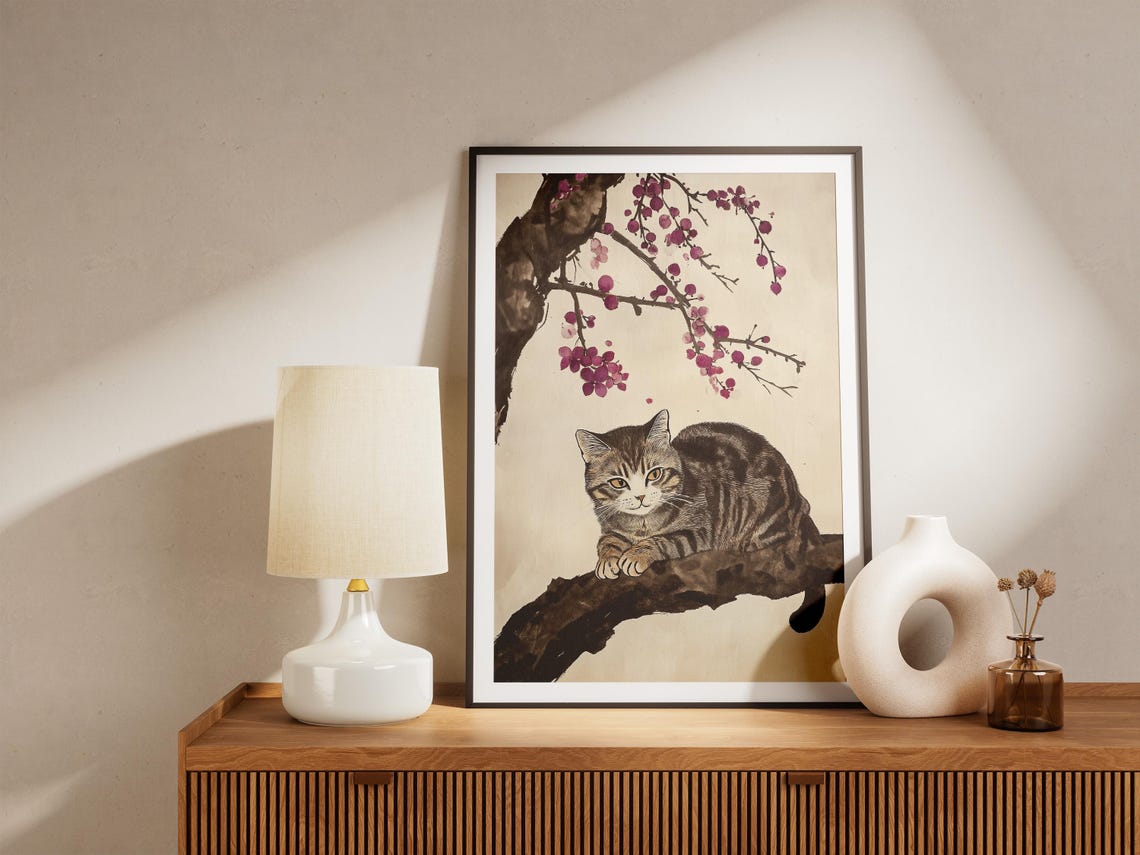 Tabby Cat Resting on Plum Blossom Branch Ink Wash Style Art Poster - Image 5
