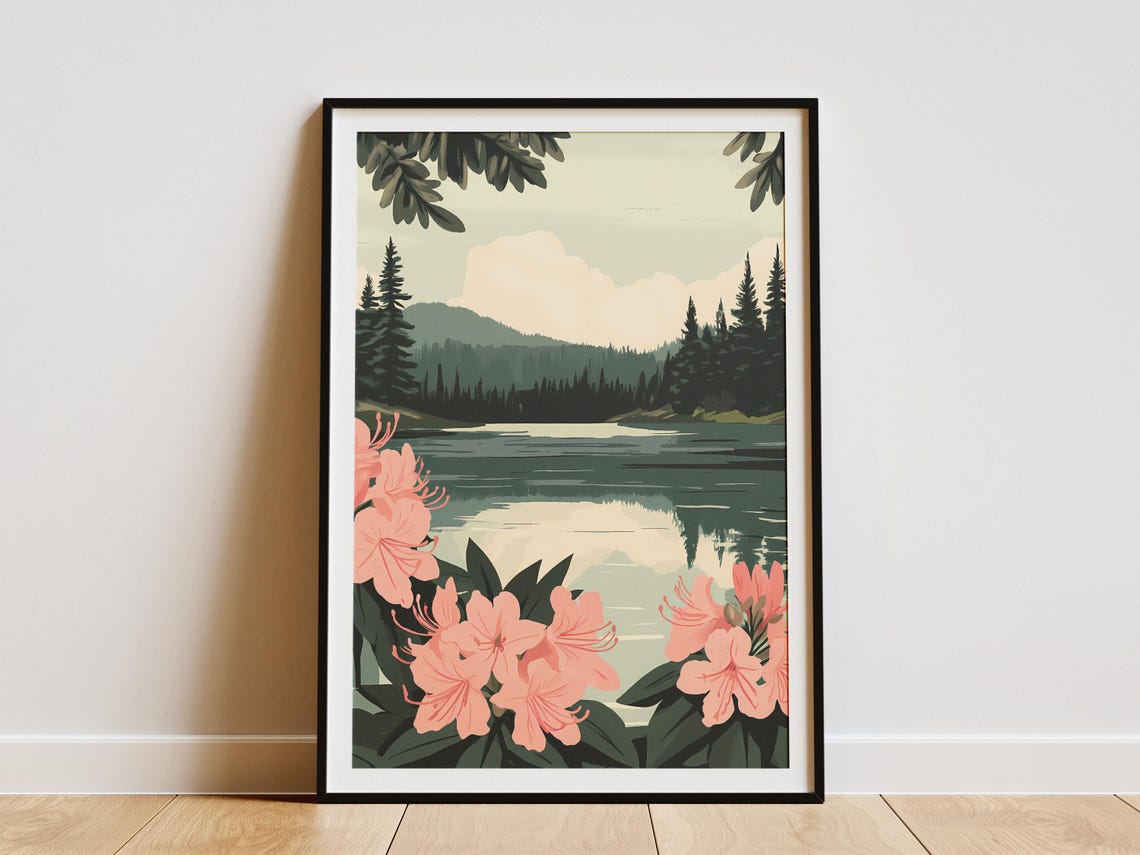 Pink Rhododendrons Framed Mountain Lake Pine Forest Scene Poster