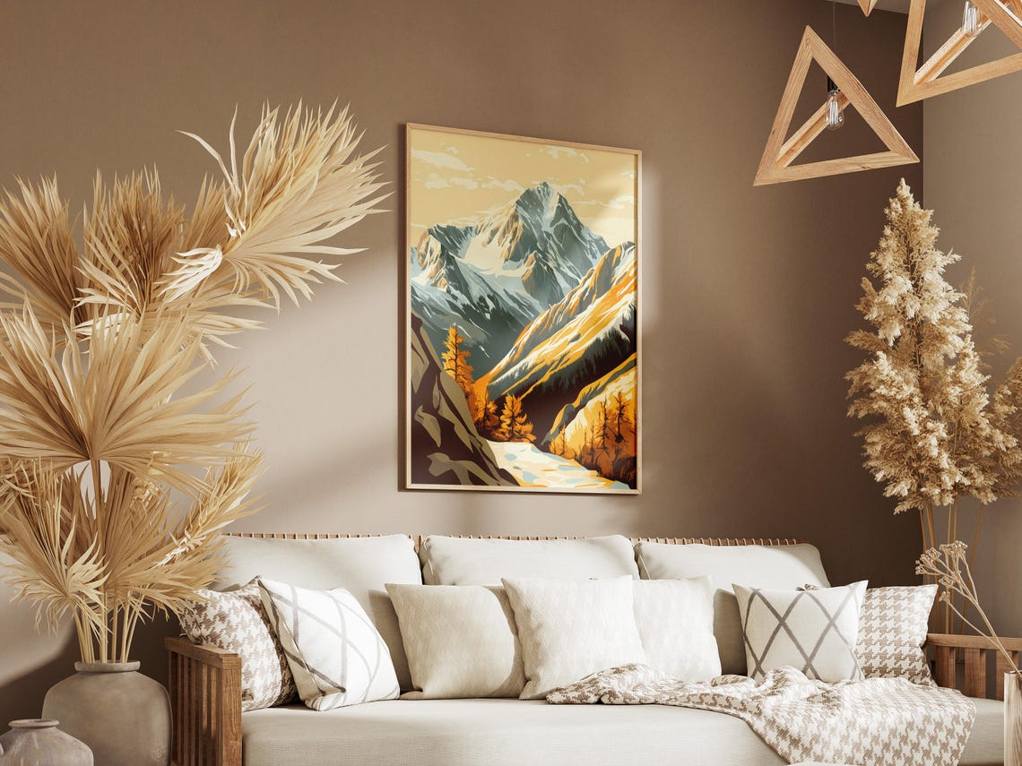 Golden Autumn Valley Snowcapped Peak Larch Trees Mountain Poster - Image 3