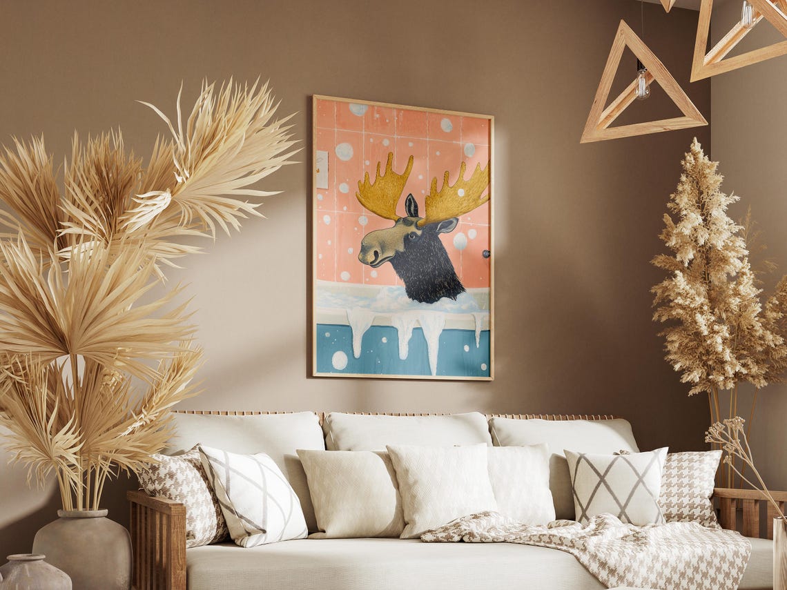 Golden Antlered Moose In Bubble Bath Peach Polka Dot Tile Poster - Image 3