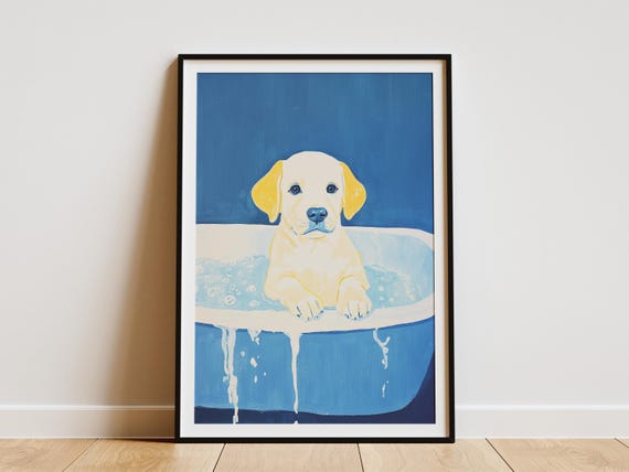 Labrador Retriever Puppy In Bathtub Poster Print Dog Art Pet Wall Decor Nursery Bathroom Cute Lover Gift