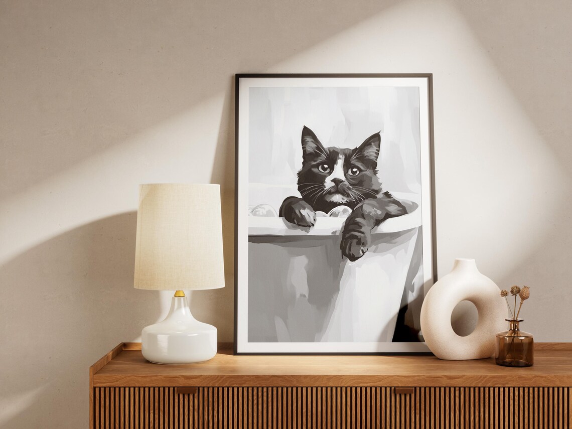 British Shorthair Tuxedo Cat In Bathtub Black White Art Poster - Image 4