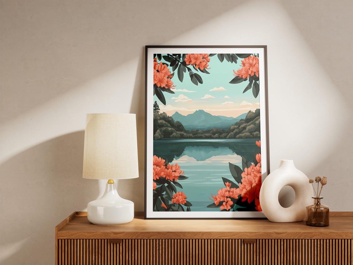Rhododendron Framed Mountain Lake Coral Blooms Forest View Poster - Image 5