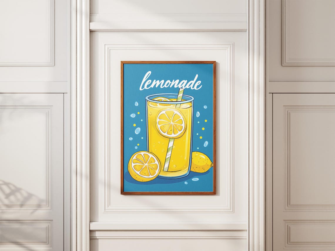 Retro Lemonade Glass with Script Lettering on Blue Kitchen Poster - Image 2