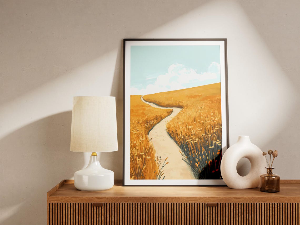 Golden Meadow Hillside Winding Path Sunny Landscape Art Poster - Image 5
