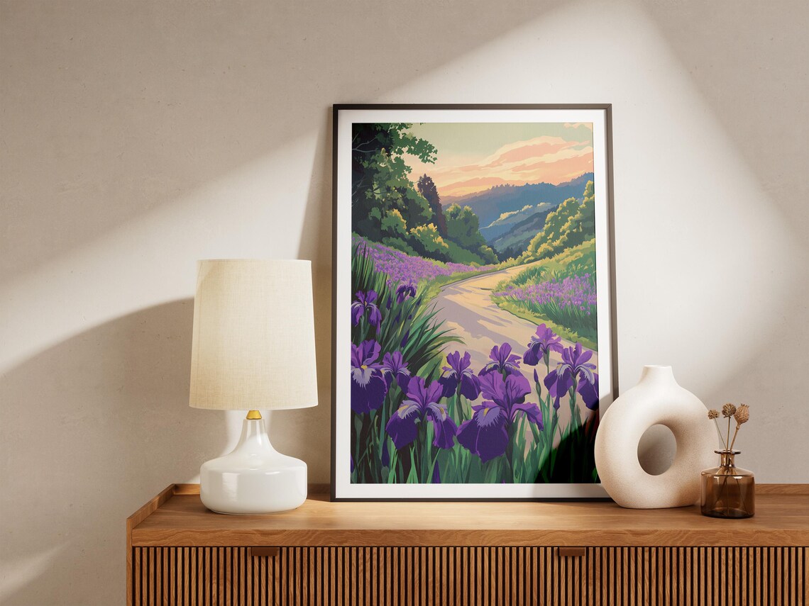 Purple Irises Along Country Road Sunset Valley Flower Poster - Image 5