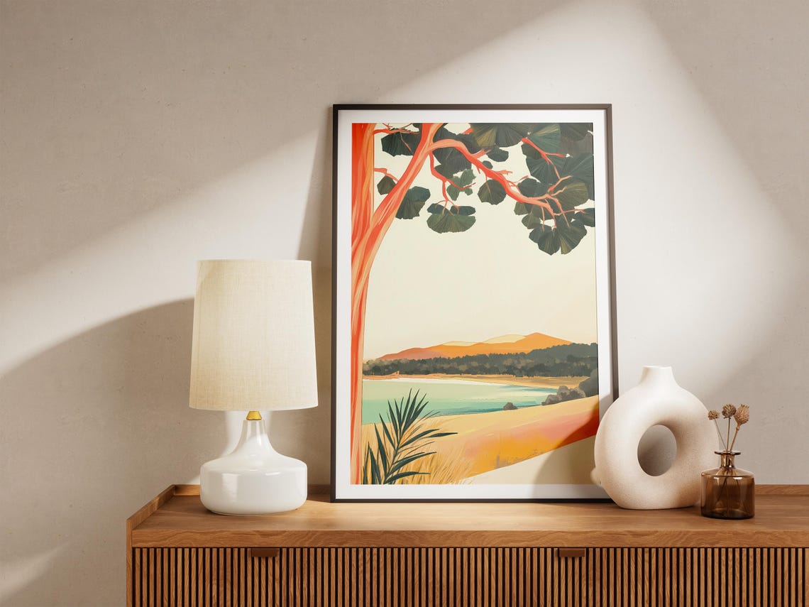 Golden Sunset Beach Cove Framed by Tree Branches Scenic Poster - Image 5