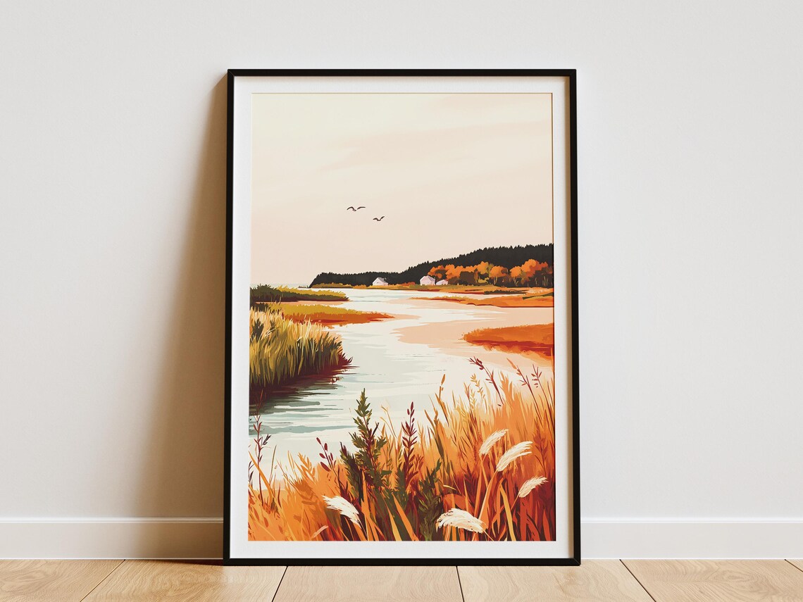 Autumn River Estuary With Golden Grasses At Sunset Art Poster