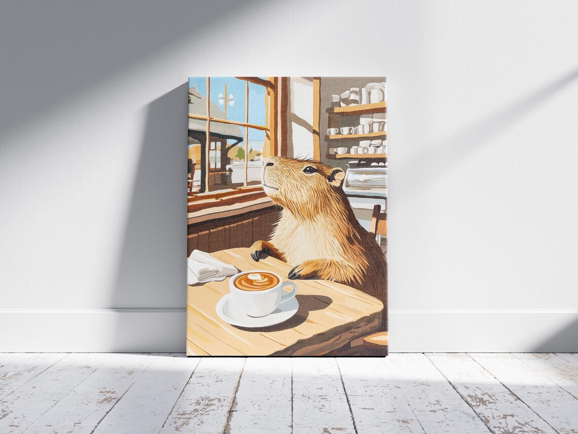 Chill Capybara with Latte Art Coffee at a Cozy Cafe Window Poster - Image 2