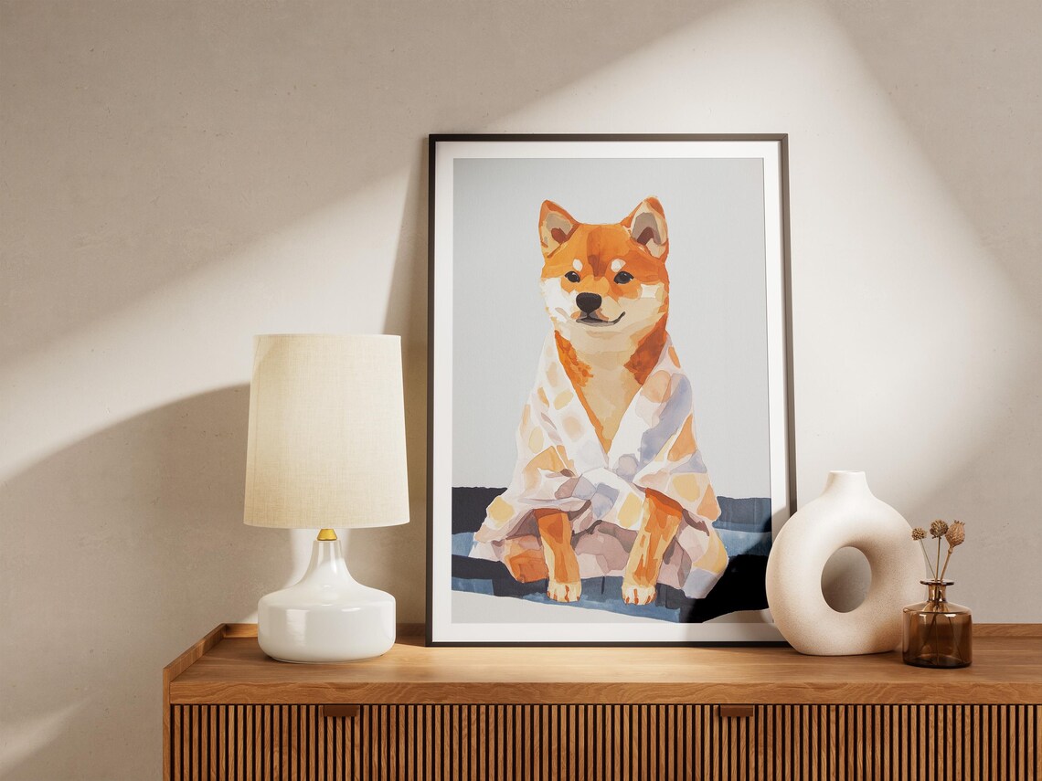 Smiling Shiba Inu Puppy in Soft Watercolor Bathrobe Dog Art Poster - Image 4