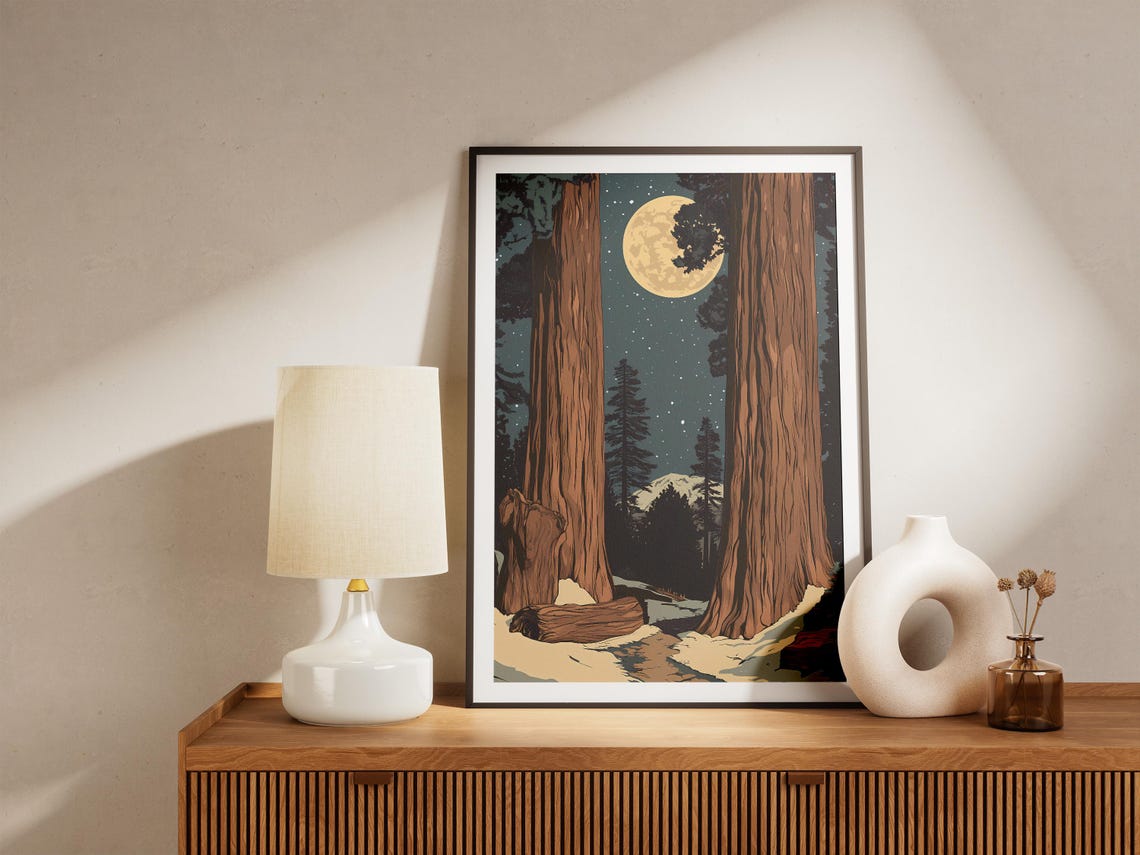 Sequoia National Park Giant Trees Under Moonlit Starry Night Poster - Image 4
