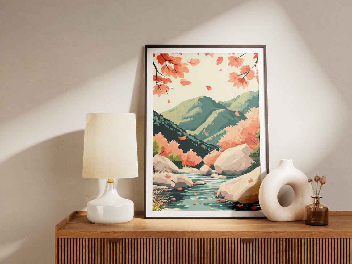 Autumn Mountain Stream with Falling Leaves Forest Art Poster - Image 5