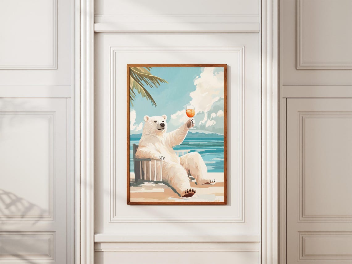 Happy Polar Bear Raising Cocktail Glass On Tropical Beach Poster - Image 2