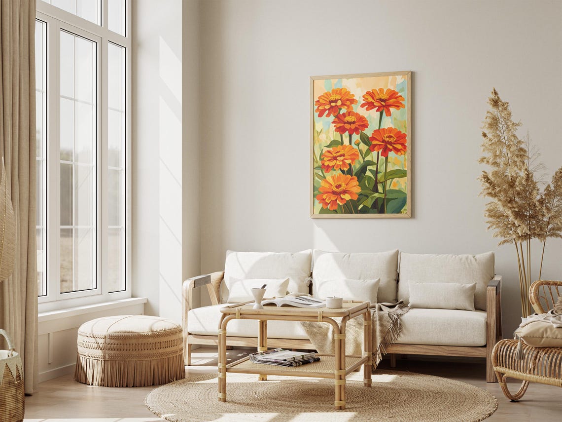 Orange Zinnia Flower Poster Summer Floral Art Print Botanical Wall Decor Orange Flower Painting Modern Home Decor Orange Zinnias Garden Art - Image 4