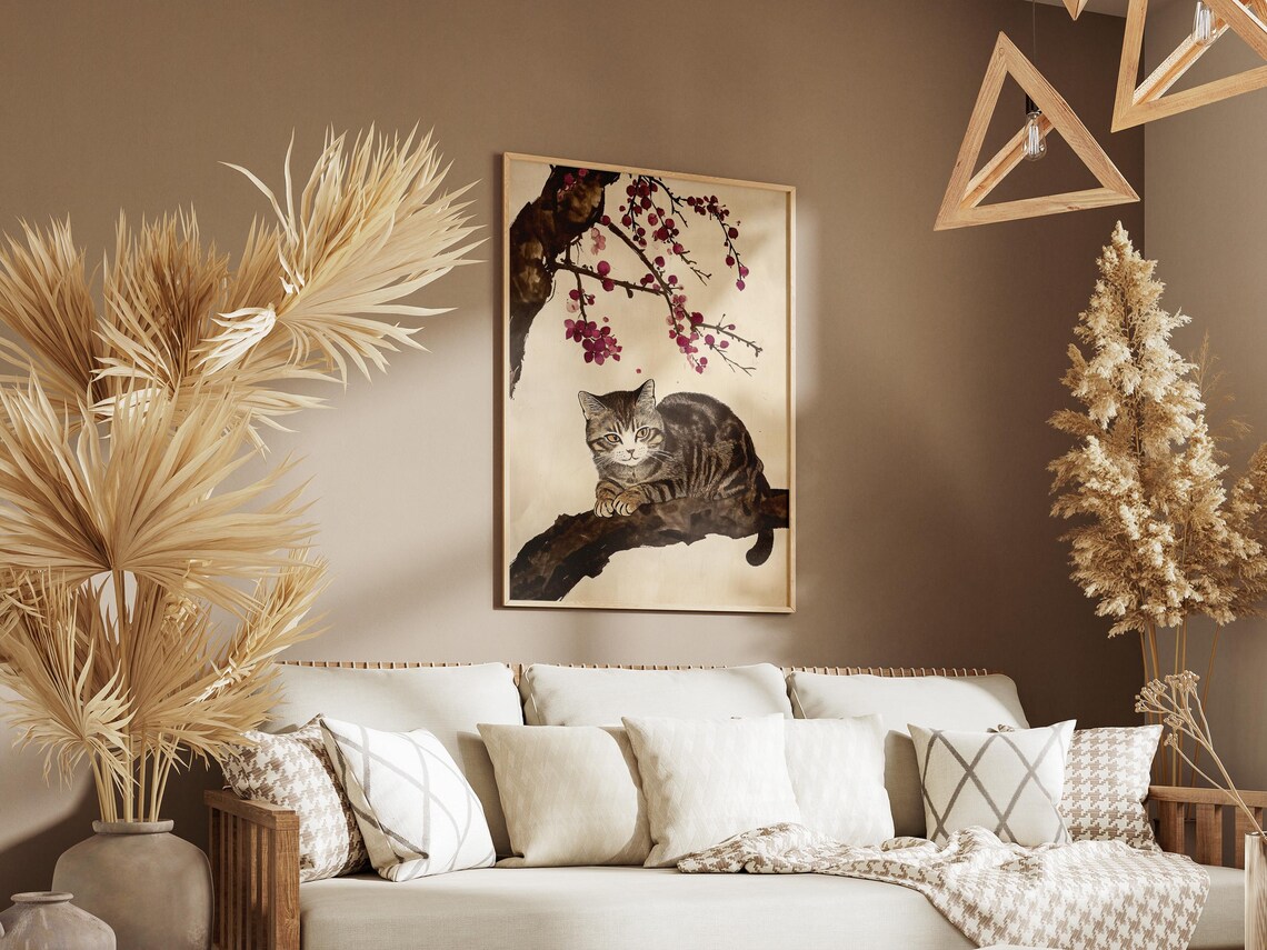 Tabby Cat Resting on Plum Blossom Branch Ink Wash Style Art Poster - Image 3