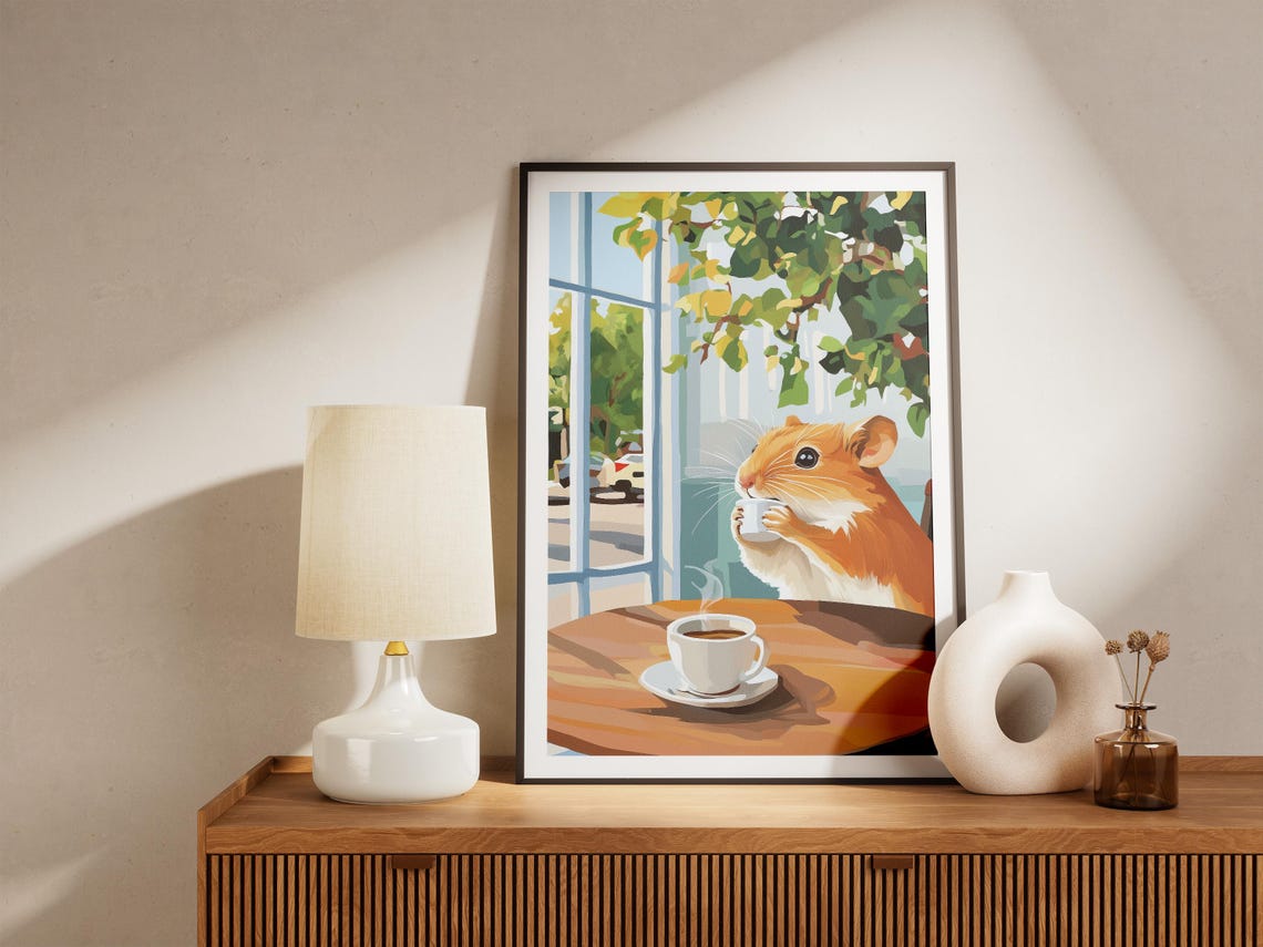Tiny Hamster Sipping Coffee at a Cafe Table by Window Poster - Image 4