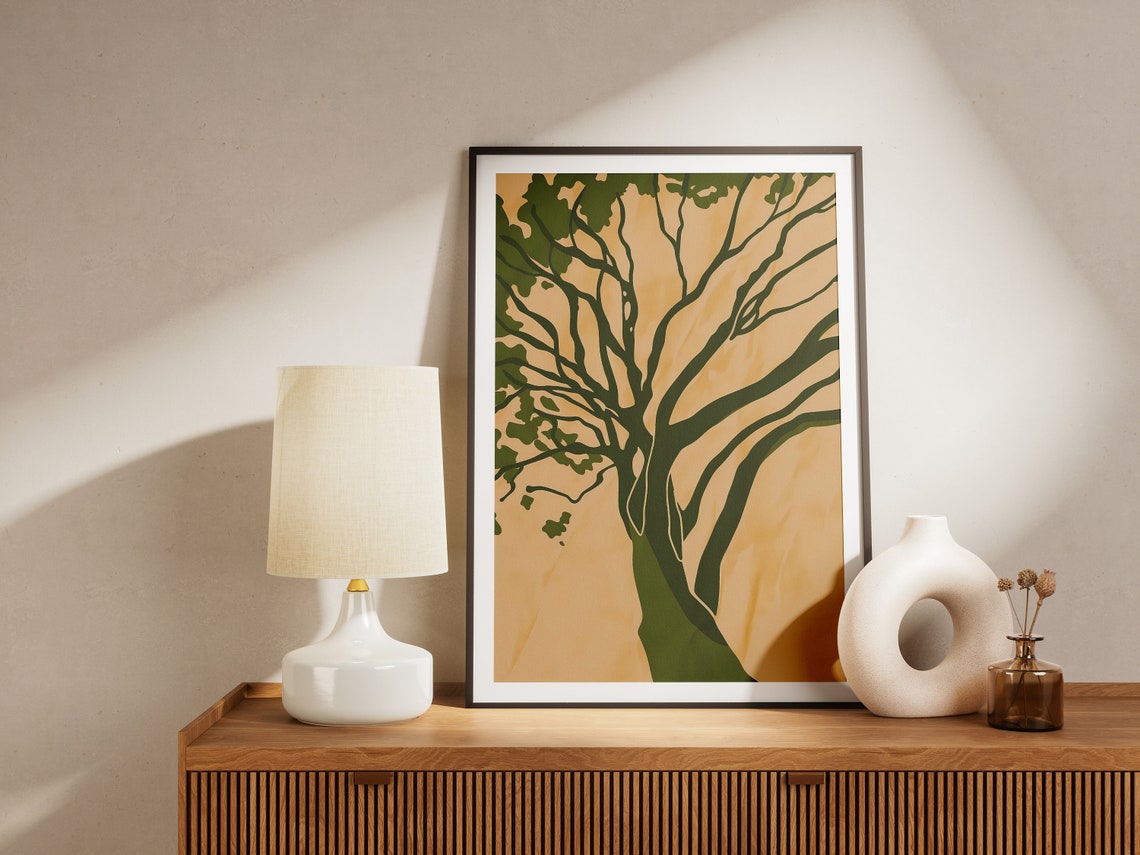 Minimalist Tree Botanical Green Branches Warm Peach Art Print - Image 2