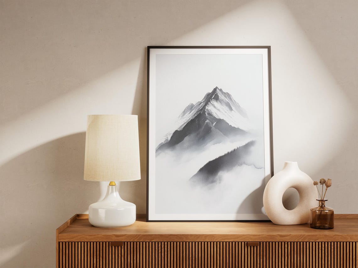 Black White Watercolor Mountain Peak Cloud Minimalist Art Poster - Image 4