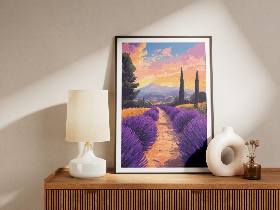 Lavender Rows Sunset Valley Pink Sky Romantic Landscape Poster - Image 5