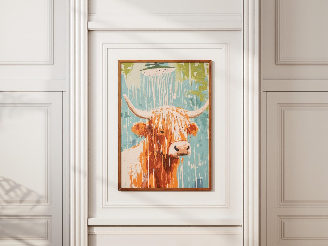 Shaggy Highland Cow Under Shower Head Teal Abstract Farm Poster - Image 2