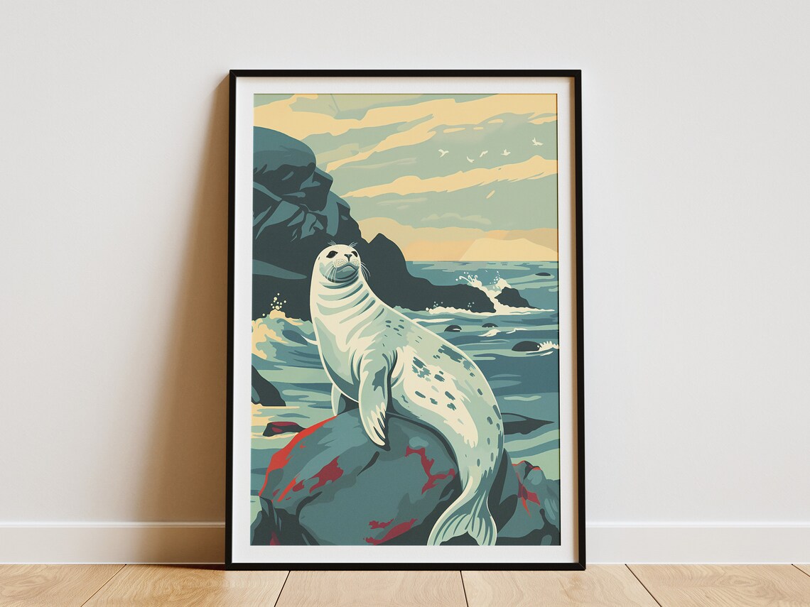 Spotted Seal Resting on Ocean Rocks Vintage Coastal Wildlife Poster