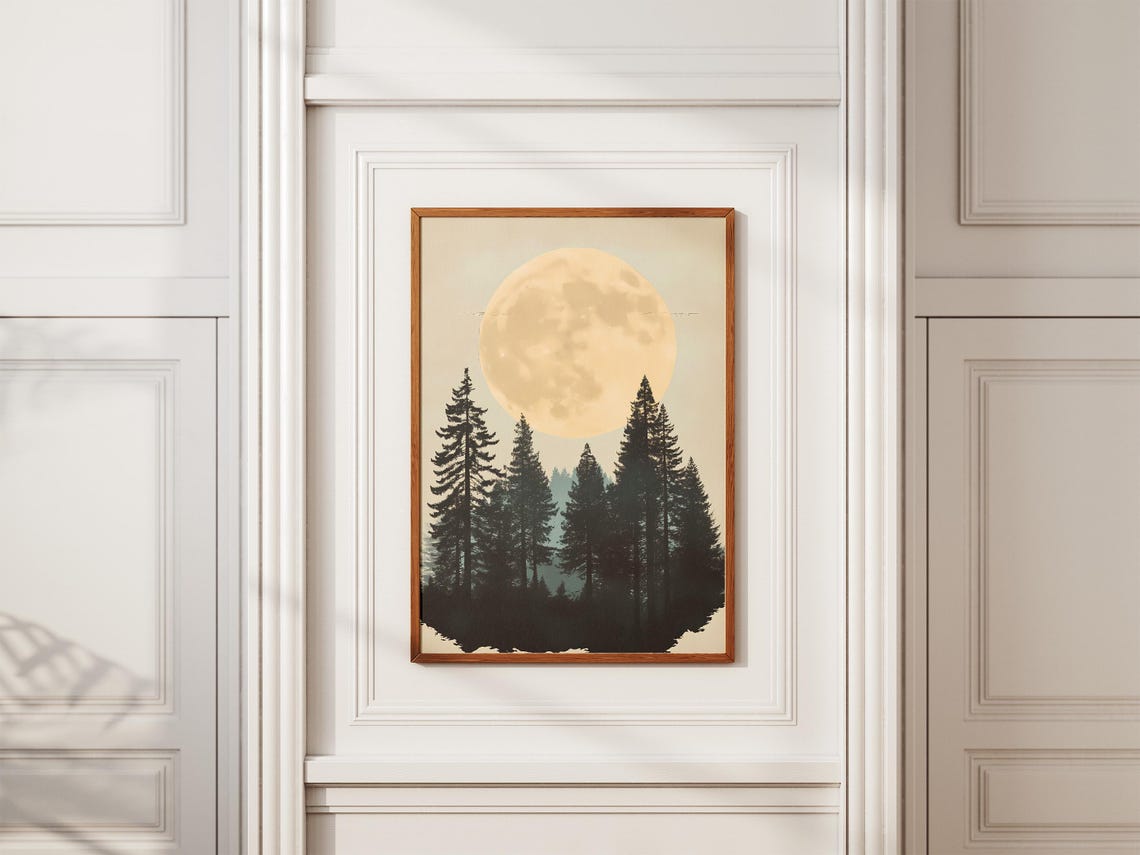 Redwood National Park Big Moon Behind Pine Silhouettes Mist Poster - Image 2