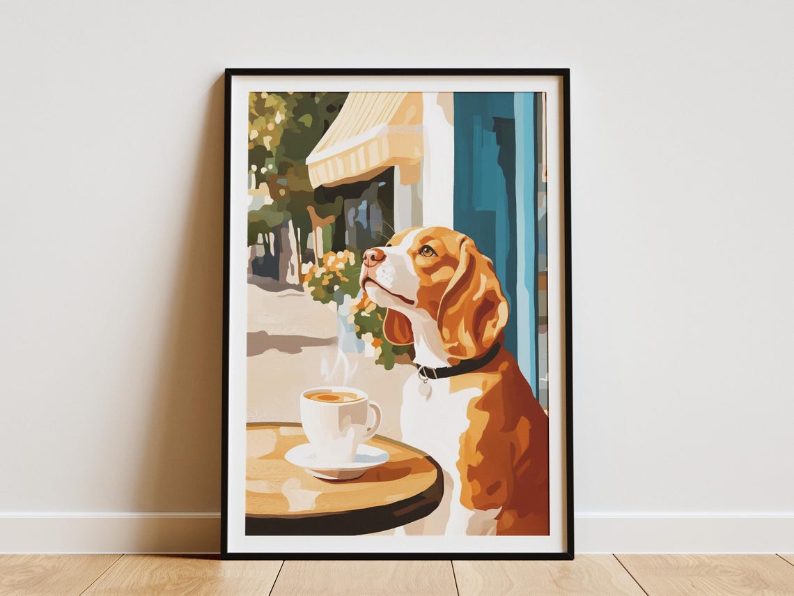 Beagle Enjoying a Steaming Coffee at a Charming Parisian Cafe Poster