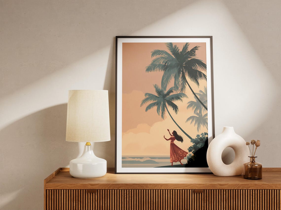 Hawaii Hula Dancer Under Palm Trees Tropical Beach Sunset Poster - Image 4