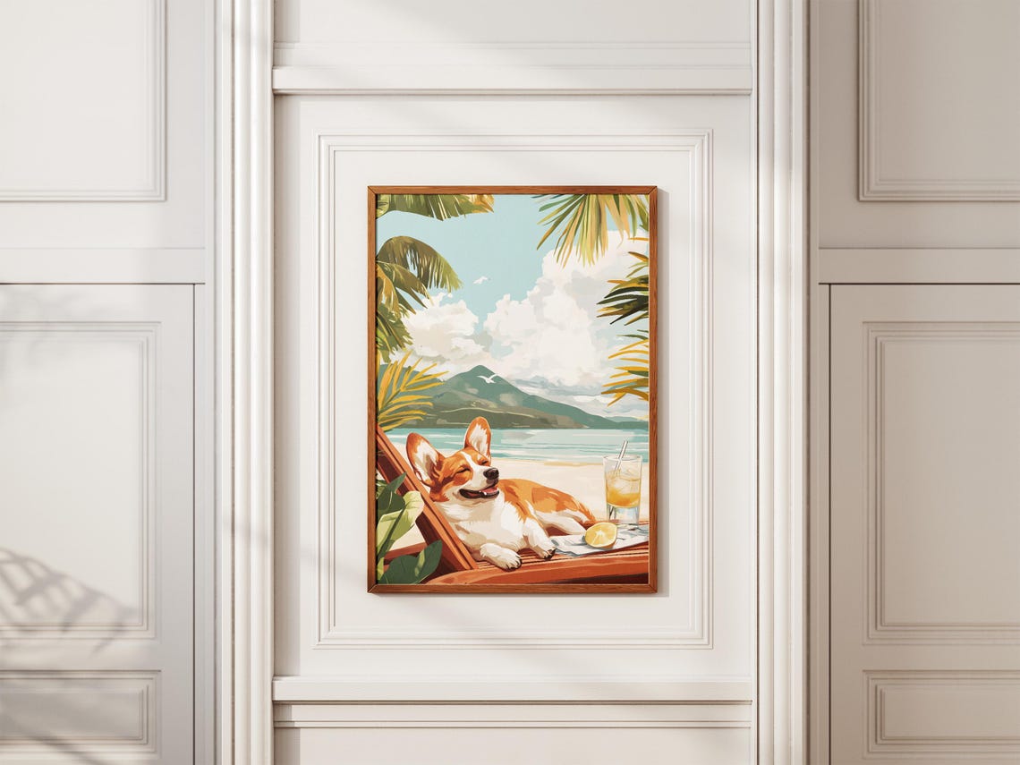 Corgi Lounging on a Beach Chair by a Tropical Volcanic Island Poster - Image 2