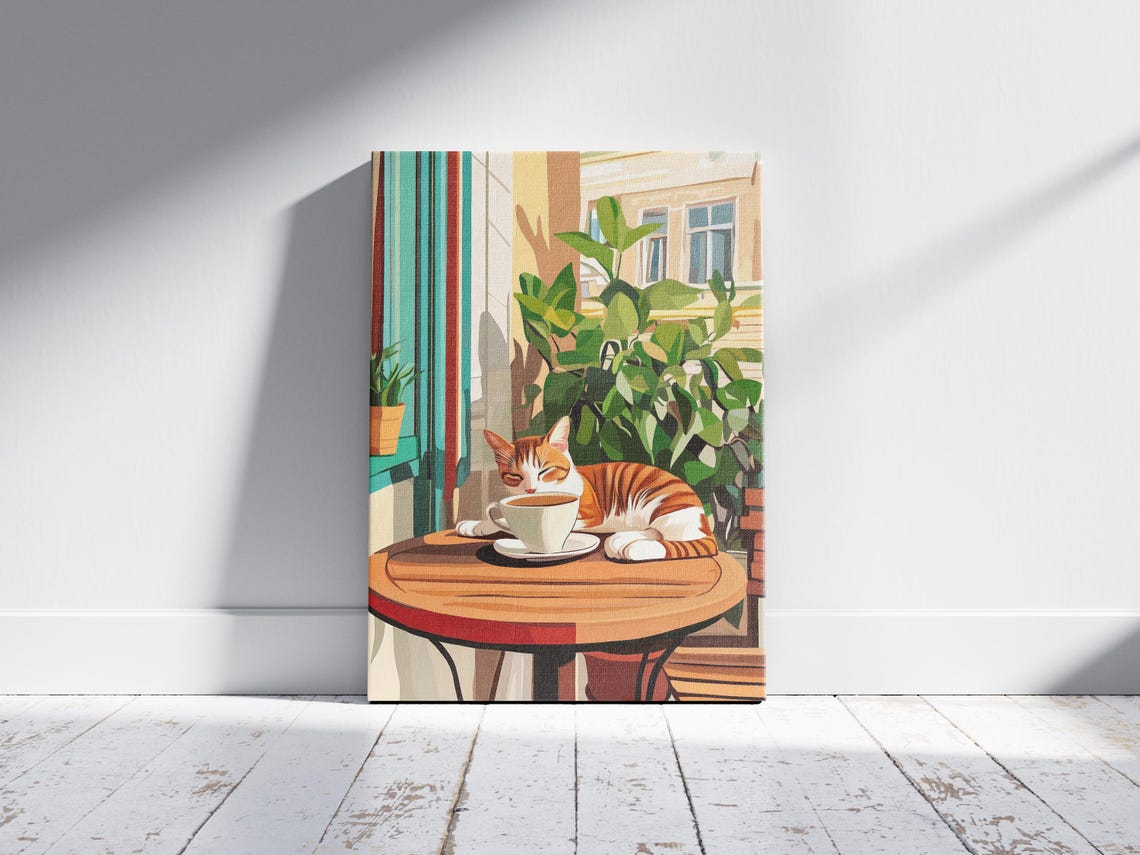 Sleepy Orange Tabby Napping on Cafe Table with Coffee Poster - Image 2