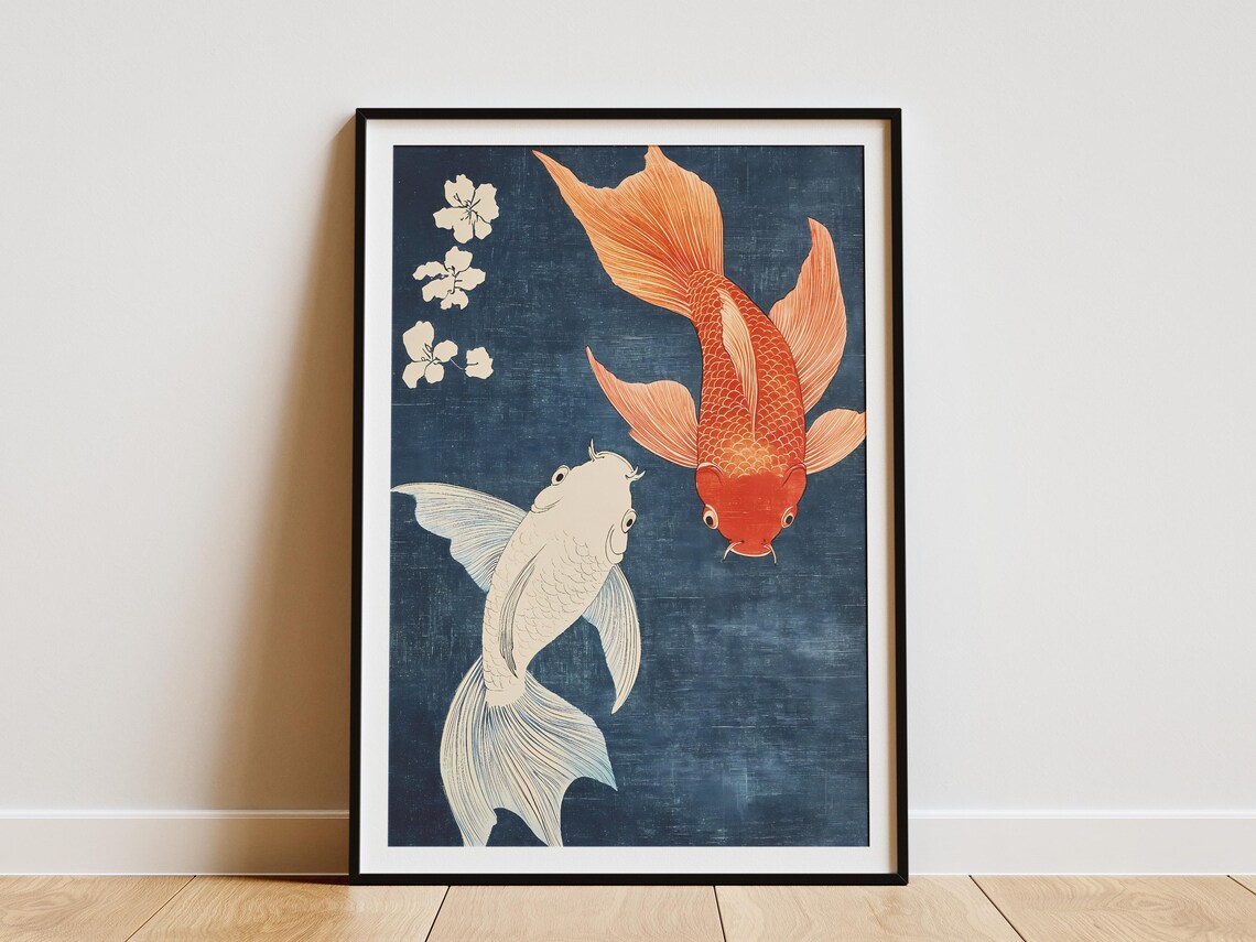 Red And White Koi Fish Indigo Blue Japanese Woodblock Poster