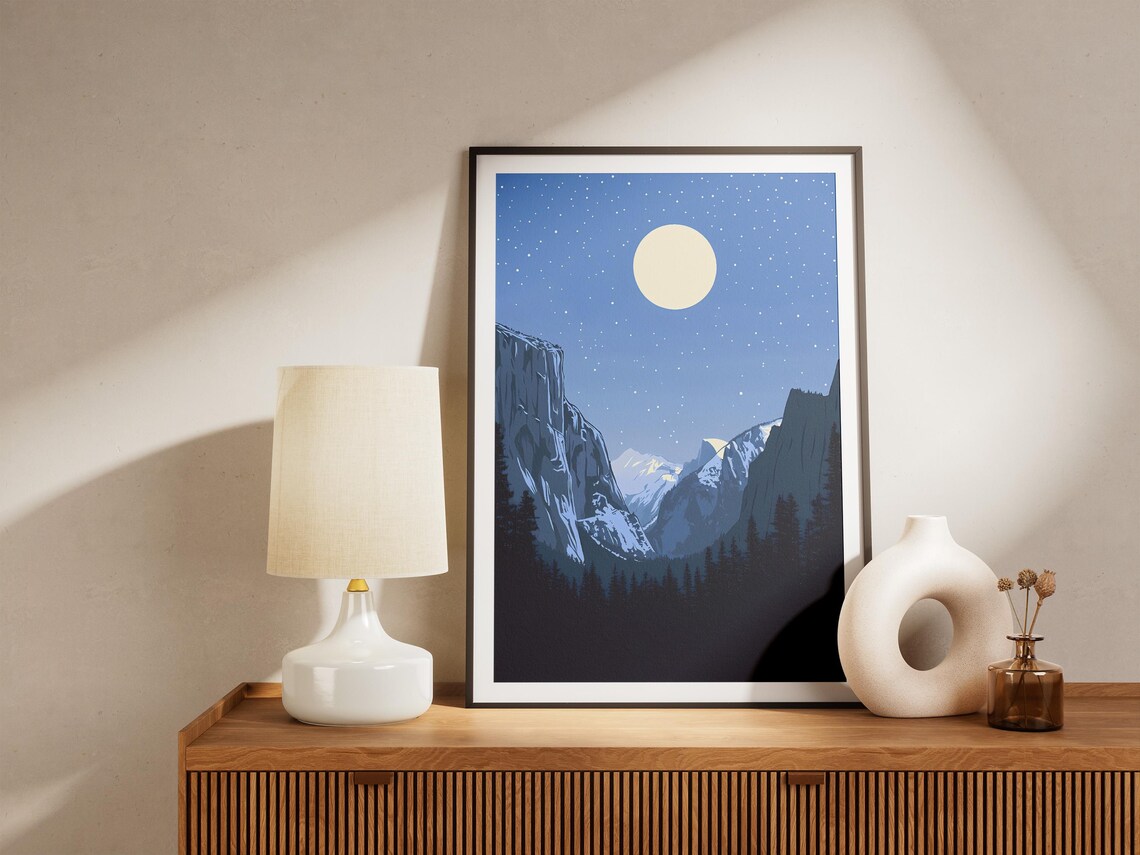 Yosemite National Park Moonlit Snowy Valley Cliffs Starry Night Art Poster - Image 4