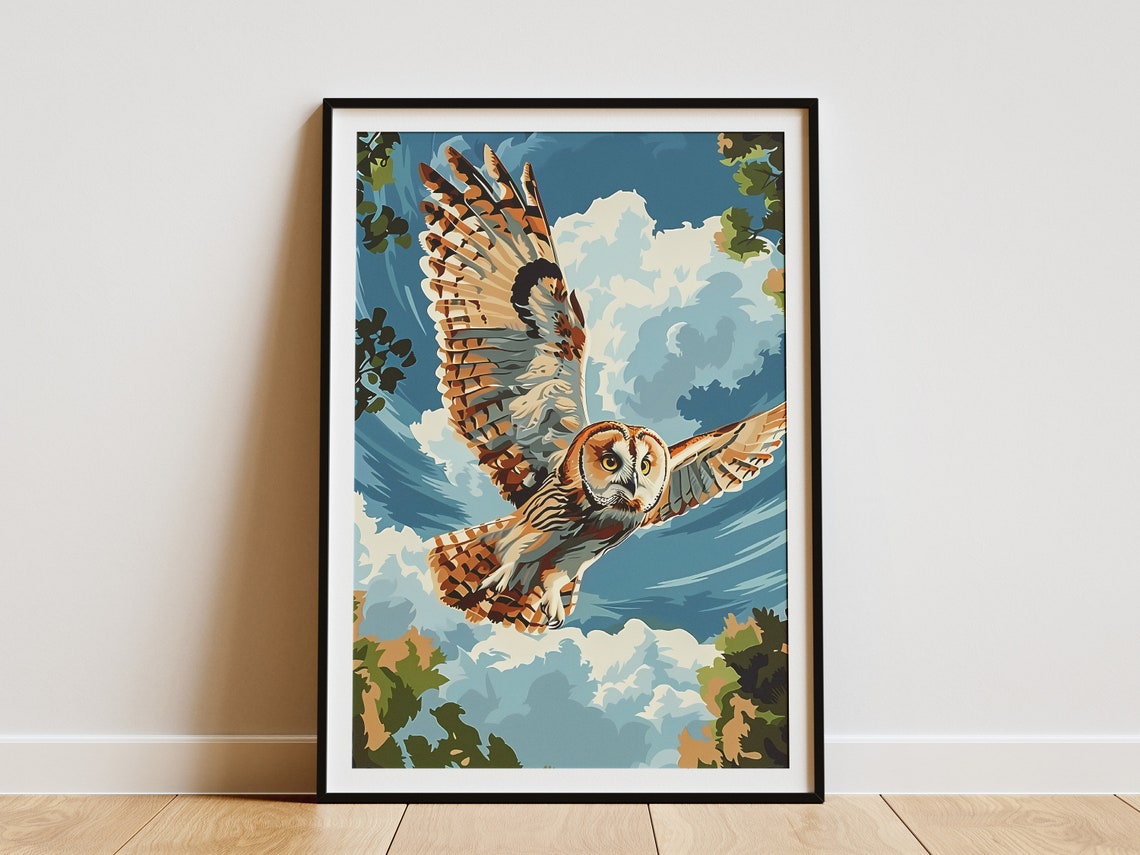 Majestic Owl Soaring Through a Bright Blue Cloudy Sky Poster
