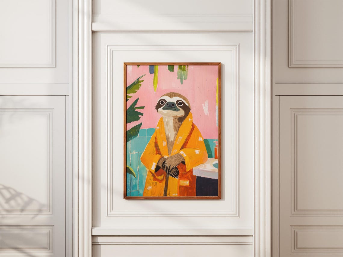 Sloth in Orange Bathrobe Pink Wall Tropical Bathroom Art Poster - Image 2