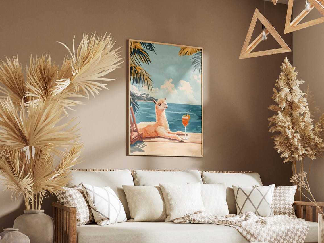 Chill Alpaca Sipping Cocktail By The Sea Palm Tree Beach Poster - Image 3