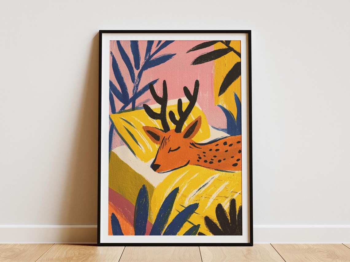 Sleeping Spotted Deer With Antlers Colorful Woodland Animal Poster