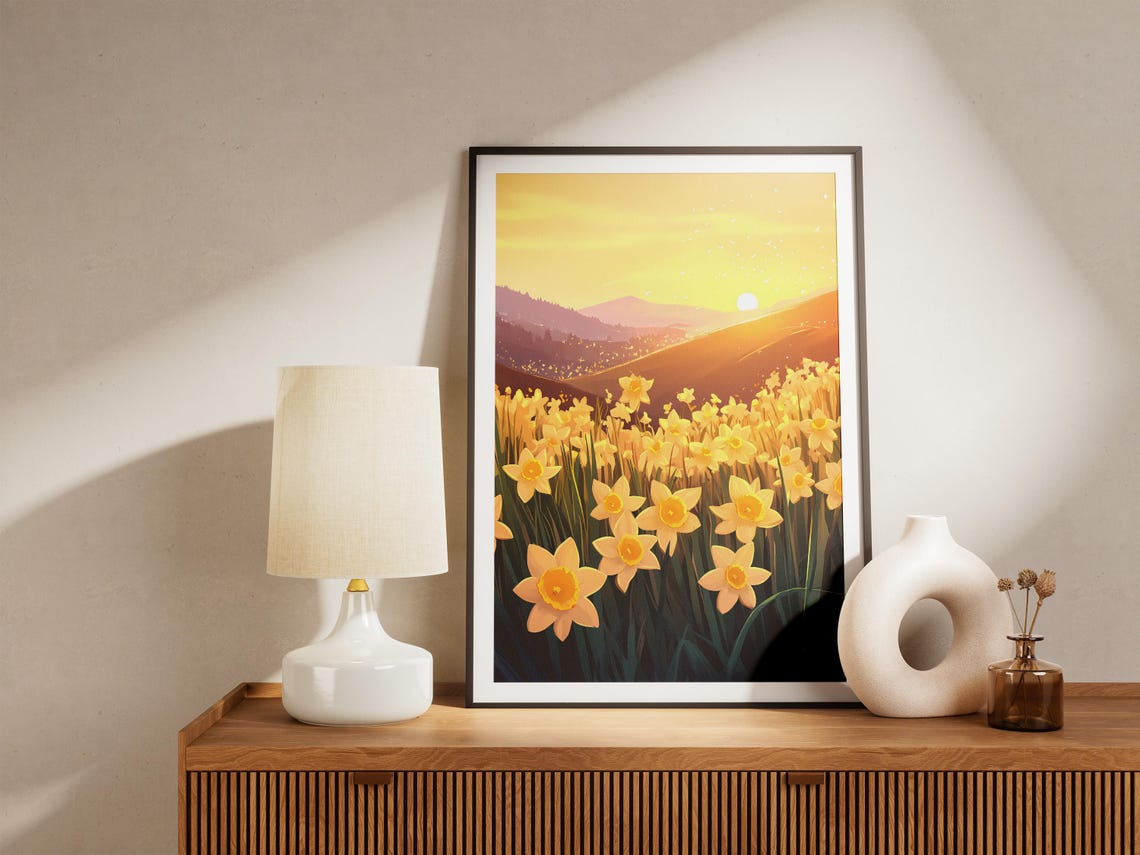 Golden Daffodil Hillside Sunrise Spring Meadow Landscape Poster - Image 5